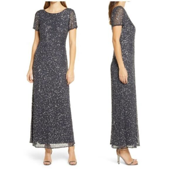 Pisarro Nights Beaded Short Sleeve Maxi Dress Evening Gown Gray Size 2 NWT - Picture 1 of 9